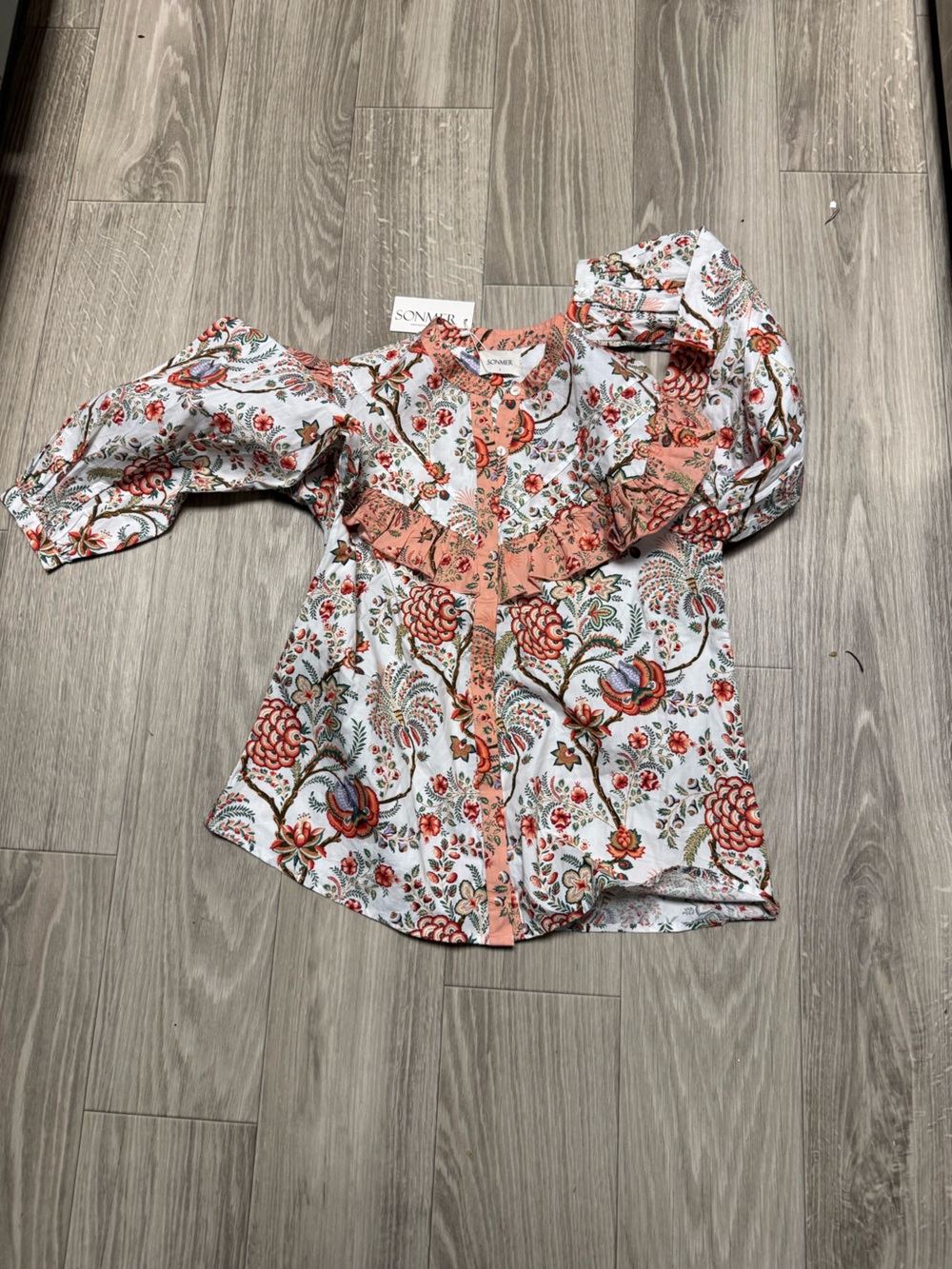 NWT Sonmer Floral Button-Front Puff Sleeve Blouse Small